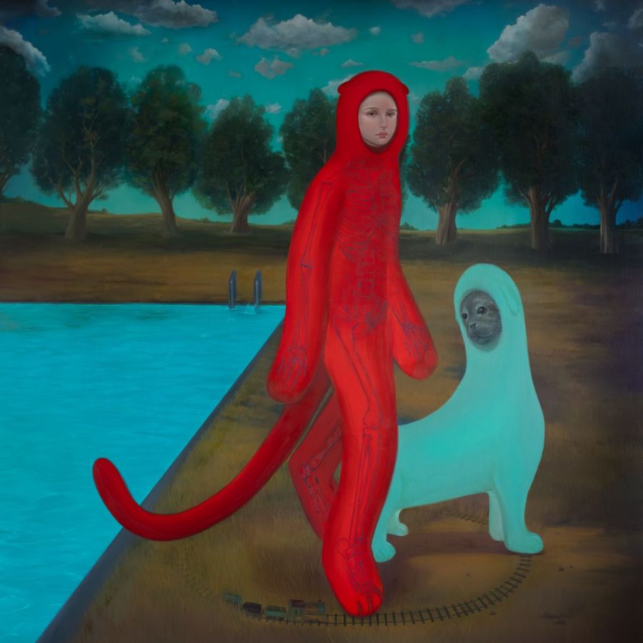 Maria Roza, "Red and Turquoise on the Rails", 2024, Oil on canvas, 182 x 172 cm.