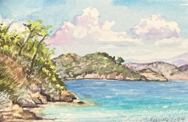 7 Island, 2025, Watercolor on paper, 6.5 x 10 cm.