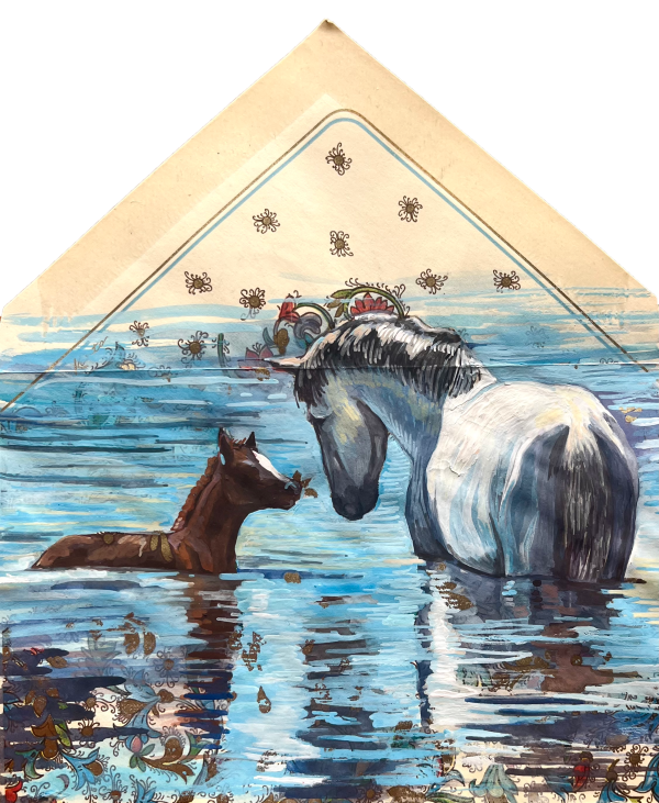 Connect, 2025, Gouache on Found Paper, 16 x 14 cm.