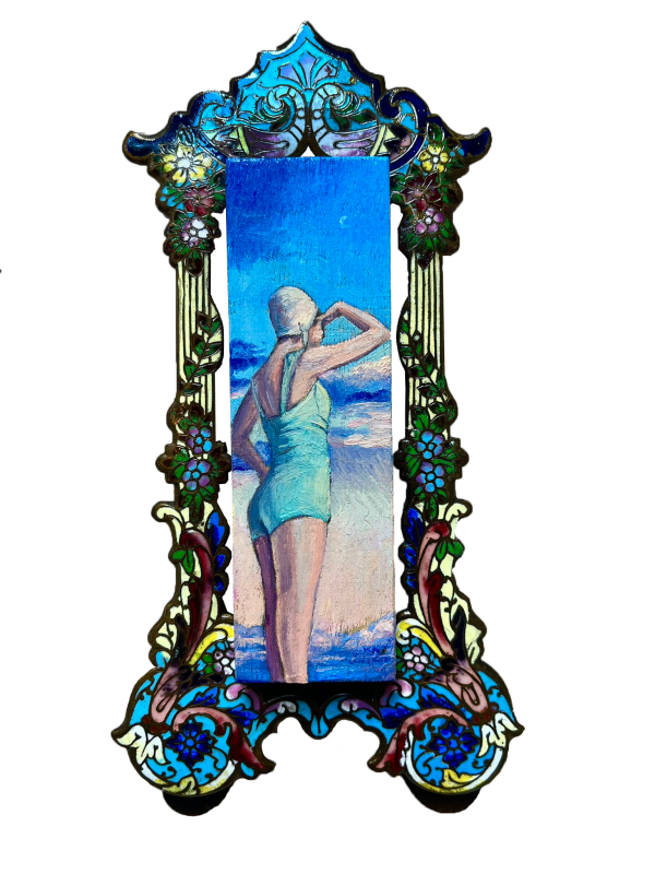 Looking Out, 2025, Oil on wood and found materials, 13 x 5 cm.