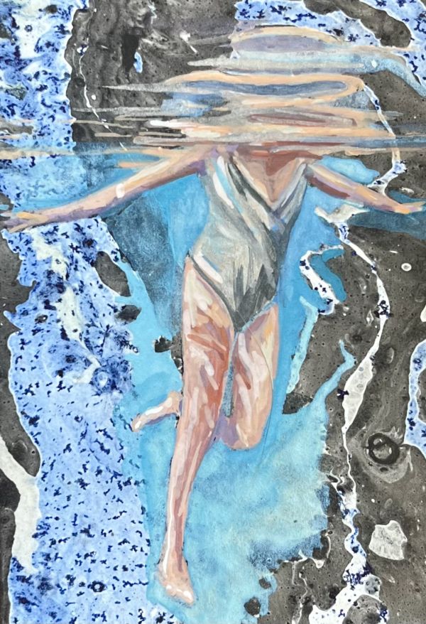 Open, 2025, Gouache on marbled paper, 11 x 8 cm.