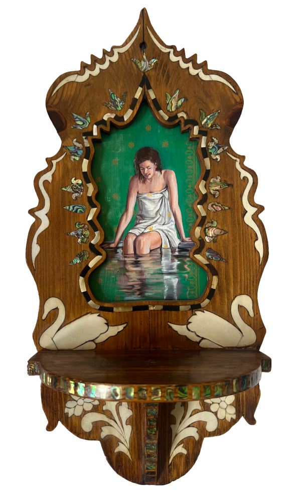 Tranquil, 2025, Oil on found materials, 28 x 18 cm.