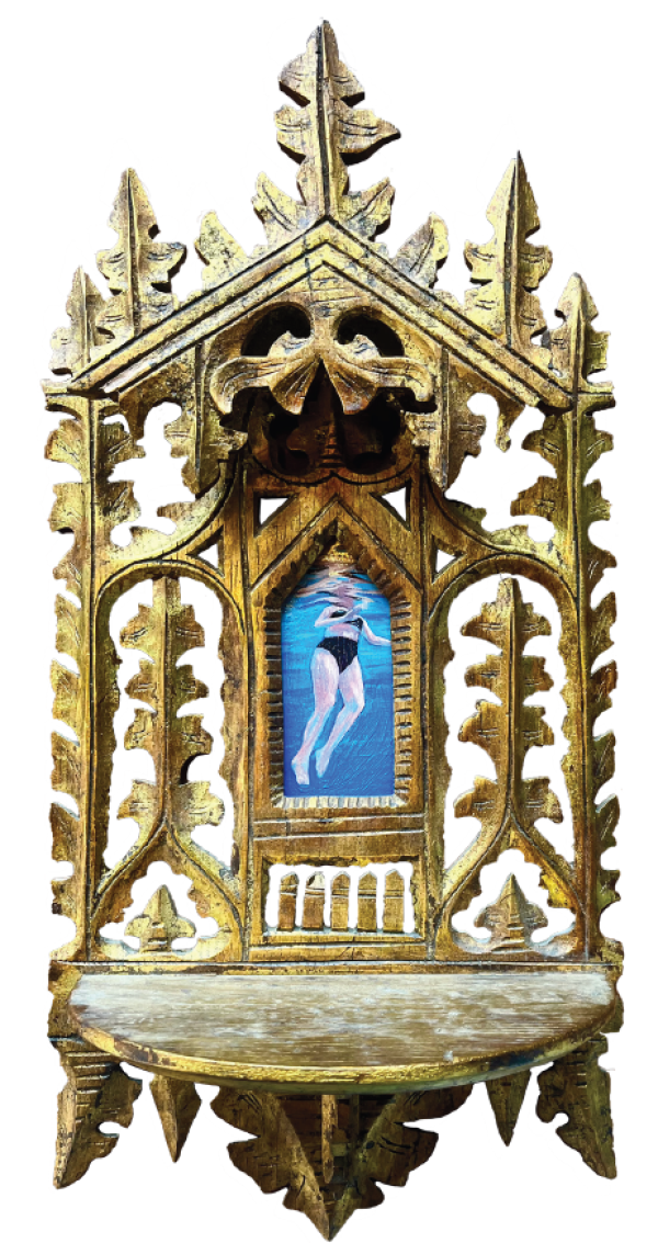 Shrine, 2025, Oil on found materials, 43 x 20 cm.