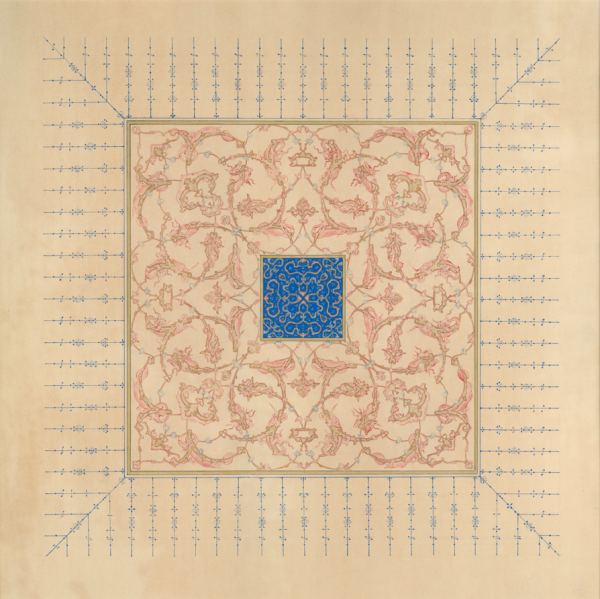 Sarılma Ejder, 2024, Watercolor on marbled paper, gouache, gold (22k), 57 x 57 cm.