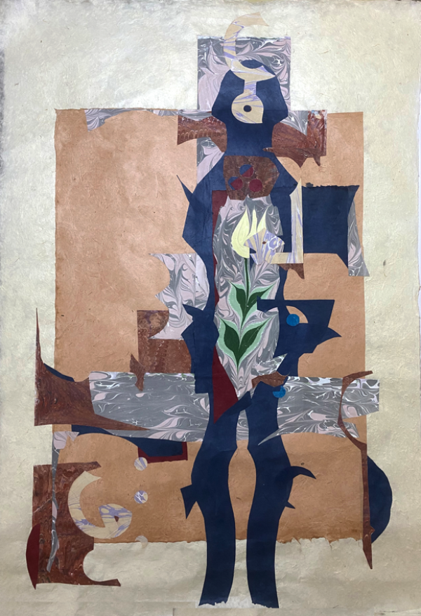 Ah, 2026, Collage, handmade paper, marbling, 70 x 100 cm.