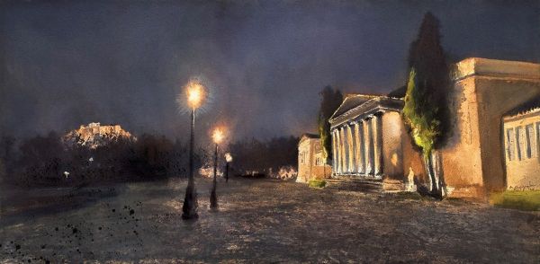 Athenian Nocturne, 2024, Ink on paper, 33 x 66 cm.