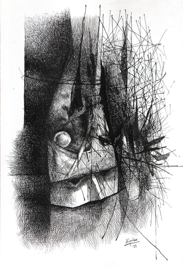 Setup ("Absentpaedia" series), 2023, Ink on paper, 27 x 19 cm.