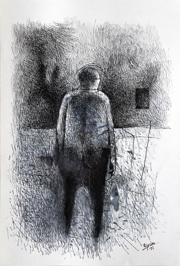 Uncle ("Absentpaedia" series), 2023, Ink on paper, 27 x 19 cm.