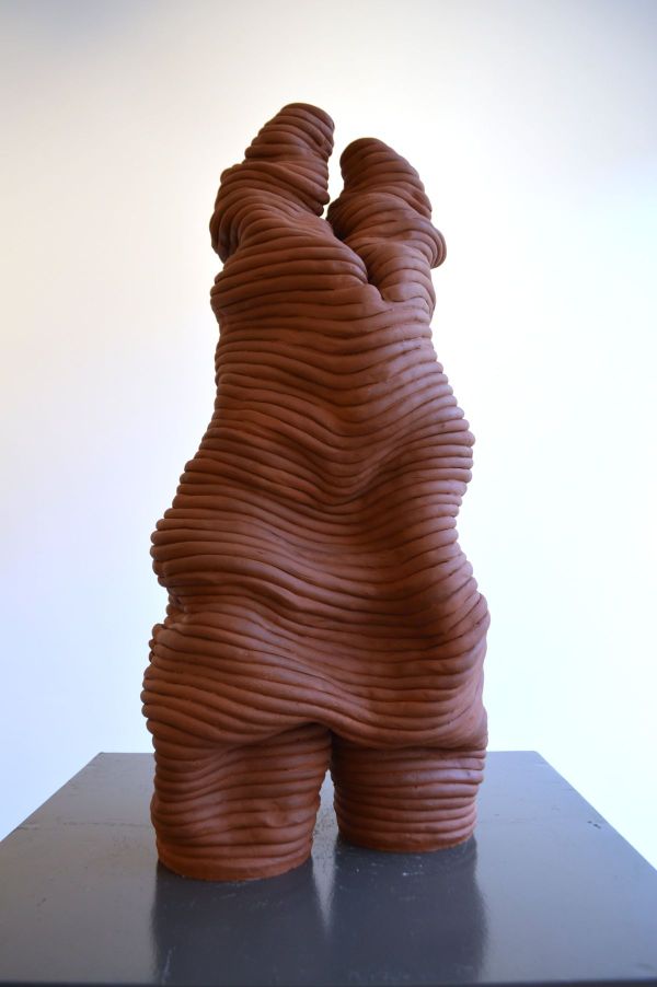 Red 2 - Figure, 2023, Yellow chamotte, sausage technique, hand shaping., 62 x 25 x 73 cm