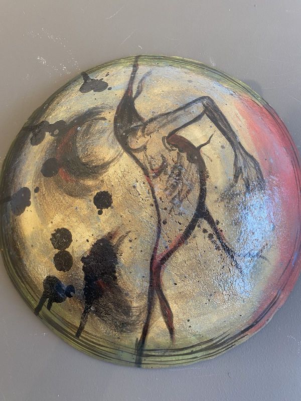 Hemisphere, 2023, Yellow chamotte, brush decor, hand sculpting, 38 x 6 cm