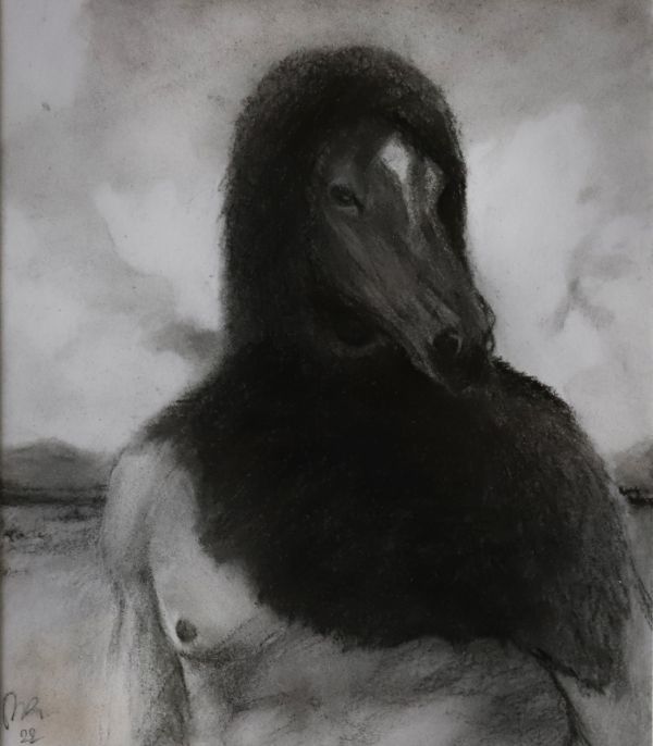 The Monologue of A Horse, 2022, Charcoal drawing on paper, 38,2 x 36 cm