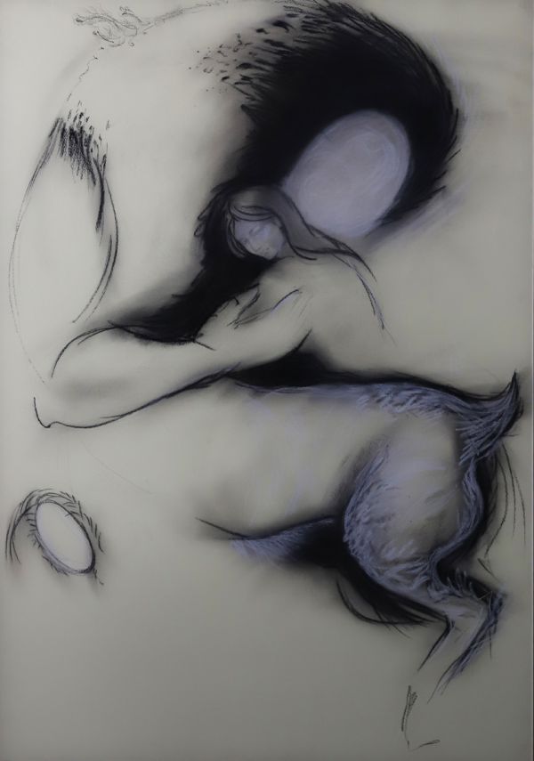 The Hug, 2022, White and black grafit on paper, 118 x 90 cm