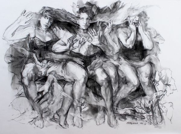 Self-portrait with Swans, 2022, Charcoal on paper, 100 x 140 cm.