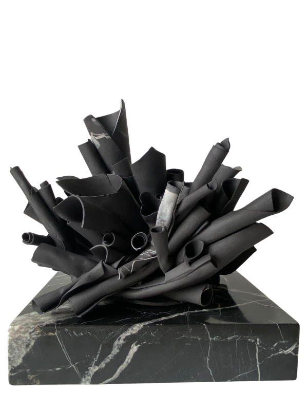 Untitled, 2025, Unglazed black porcelain 1230 degree marble base, 20 x 28 x 30 cm.