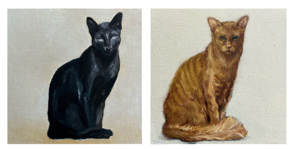 Cats 1, 2, 2023, Oil on pressed canvas, 15 x 15 ( herbiri / each)