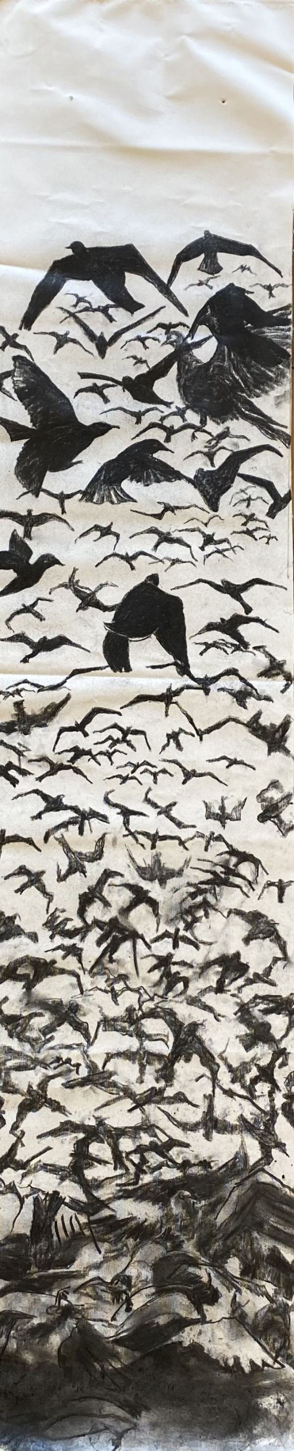 Flocks of Birds, 2024, Charcoal on canvas, 180 x 140 cm.