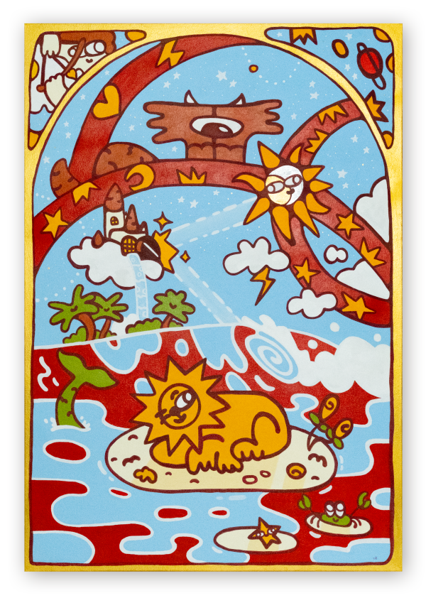 Lion Woke Up, 2026, Acrylics and marker on canvas, 100x70