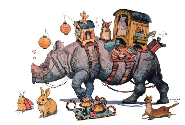 Hesperides, Rhinoceros, 2025, Acrylic and watercolor on paper, 23 × 33.5 cm