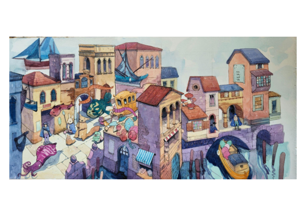 Scenes from a City, 2024, Watercolor on paper, 29 x 57.5 cm