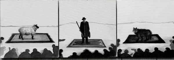 Hunter, 2026, Ink on canvas, 25 x 66 cm. (Triptych) 20 x 20 cm. (her biri /each one)