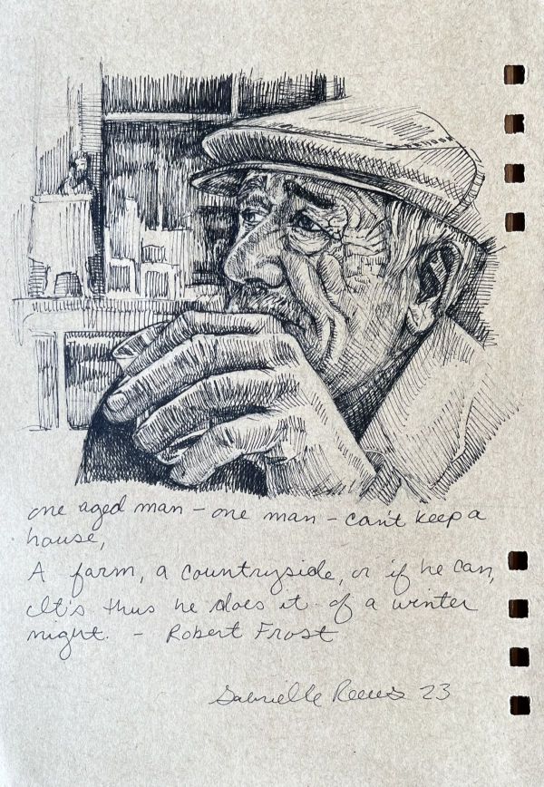 Man in a Teahouse, 2023, Pen on paper, 15 x 20 cm.