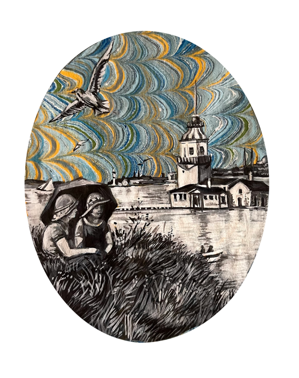 Picnickers by the Maiden's Tower, 2023, Gouache on marbled paper, 11 x 8,5 cm.