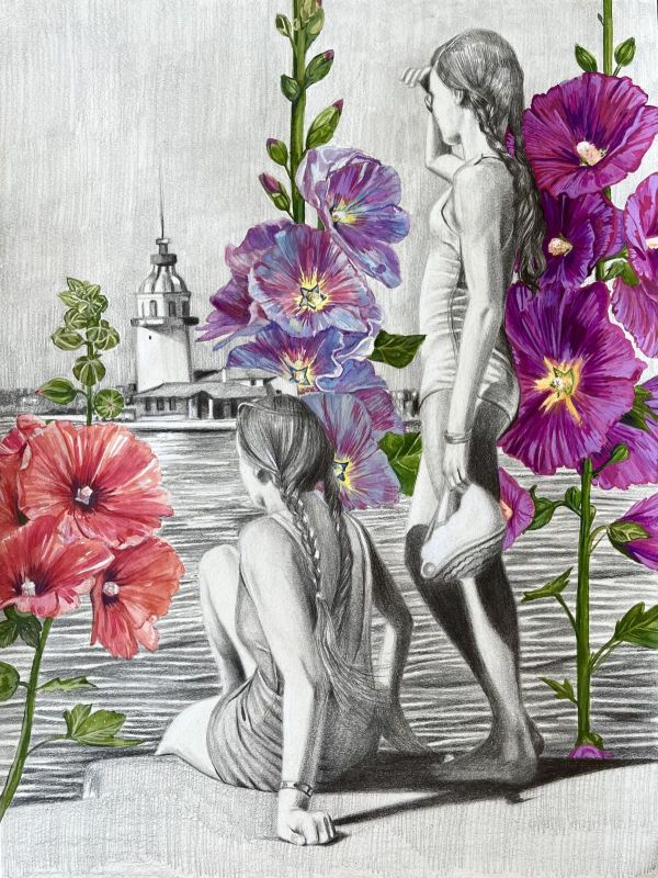 Swimmers with Hollyhocks, 2023, Graphite and gouache on paper, 22 x 30 cm.