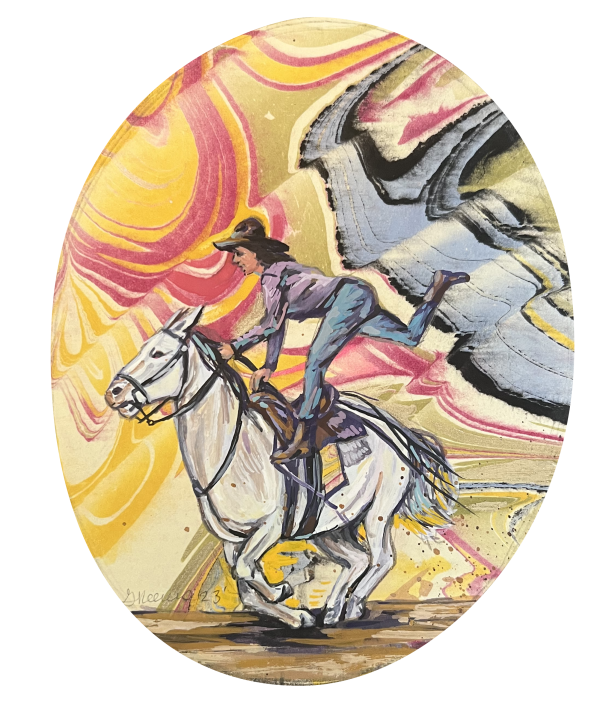 Trick Pony, 2023, Gouache on marbled paper, 9,5 x 7,5 cm.