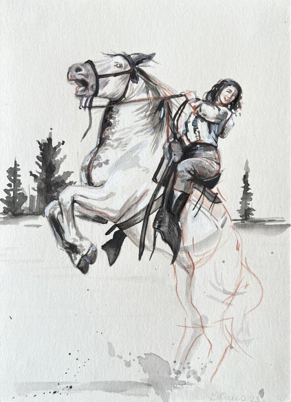 Woman on Bucking Bronco, 2023, Gouache on paper, 13 x 18 cm.