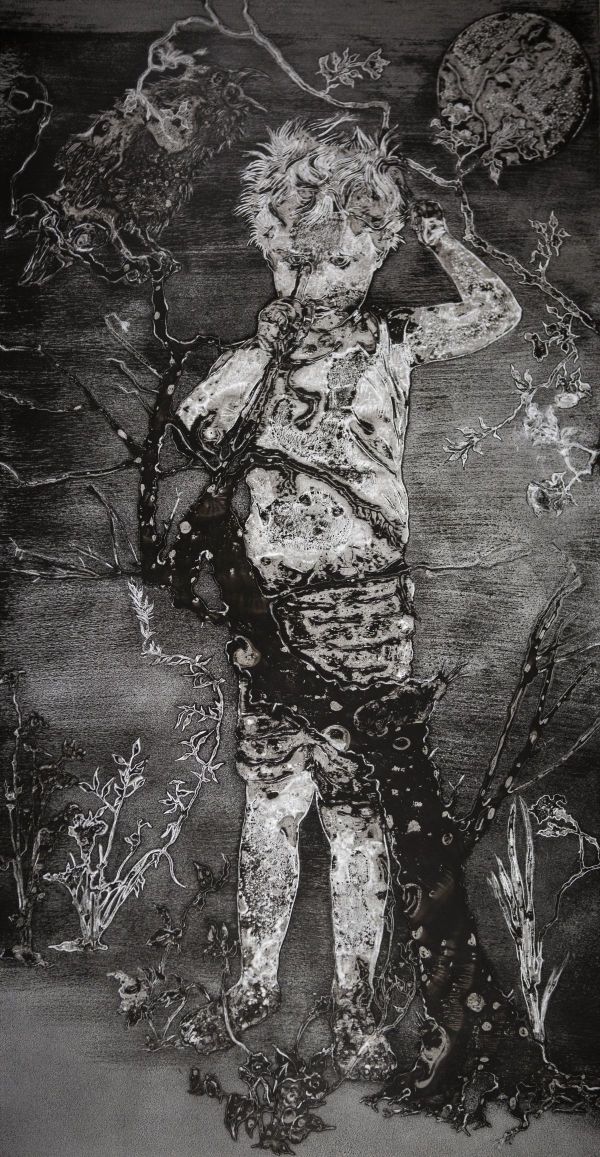 Akira, Crow and Moonlight, 2021, Traditional Japanese ink on forex, 156 x 81 cm.