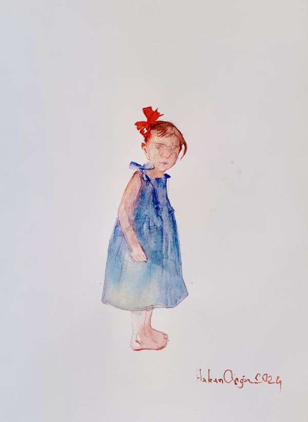 The Girl with Red Ribbon, 2024, Watercolor on paper, 46 x 35 cm.