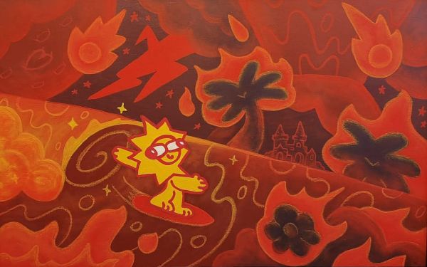 LET IT BURN, 2026, Acrylics and marker on canvas, 60X100