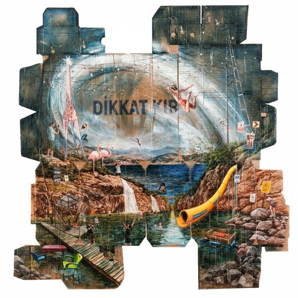 Caution Fragile, 2023, Mixed media on cardboard, 194 x 192 cm.