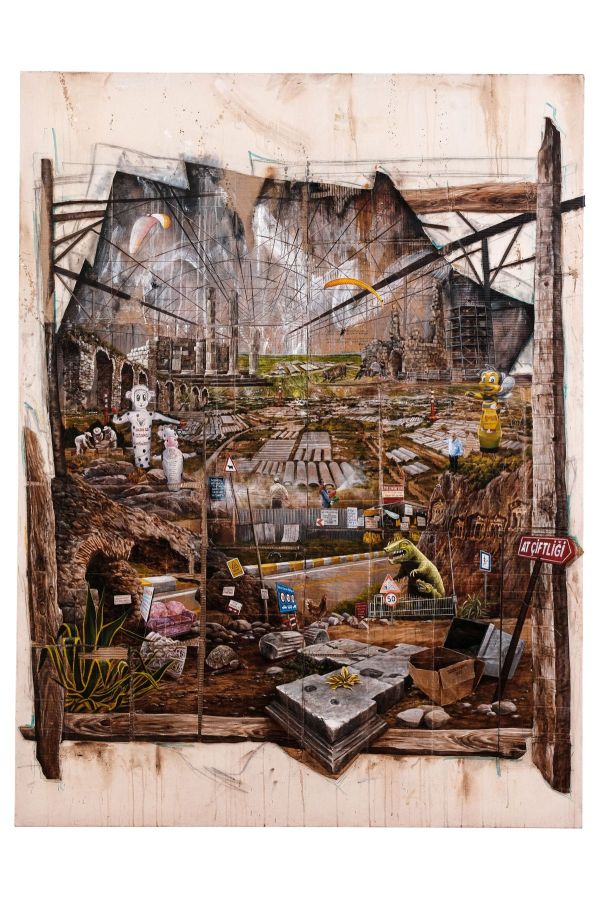 It is Forbidden to Enter the Dinosaur's Garden, 2023, Mixed media on canvas, 200 x 150 cm.