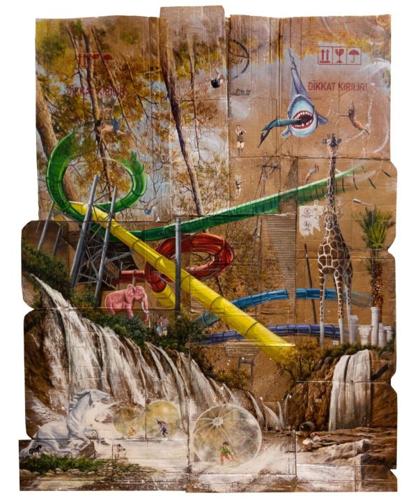 I'm for Visual Purpose, Don't Step on Me!, 2022, Mixed media on cardboard, 200 x 150 cm.