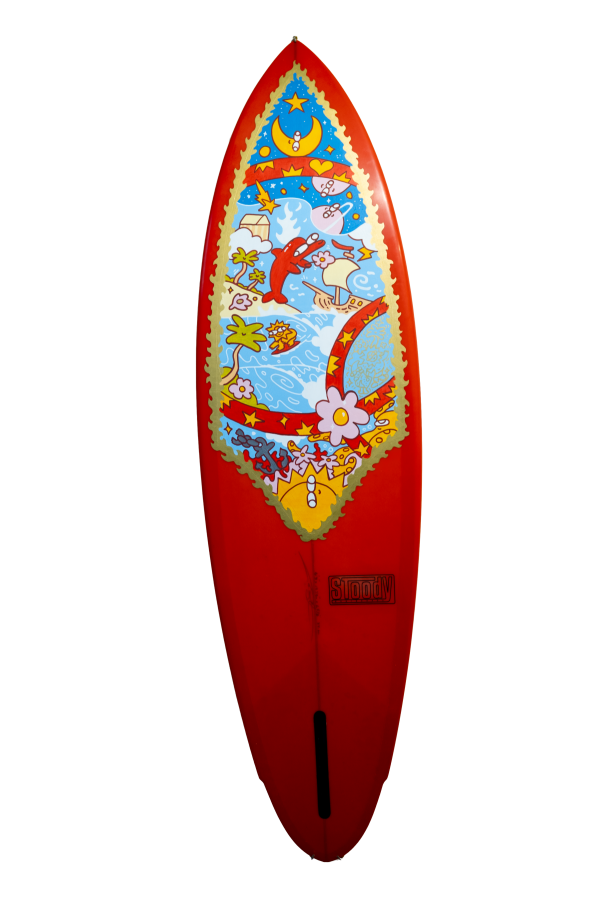 RED DEVIL, 2026, Acrylics and marker on surfboard, 180x50