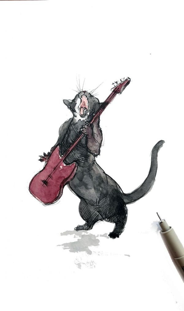 Rocker Meowzer, 2020, Mixed media on paper, 21 x 16,5 cm