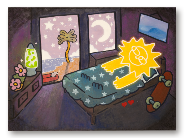 What does the sun do at night?, 2025, Acrylics and marker on canvas, 80x60