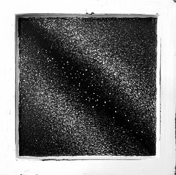 Fractus 70, 2025, Ink application on wood panel, 15 x 15 cm.