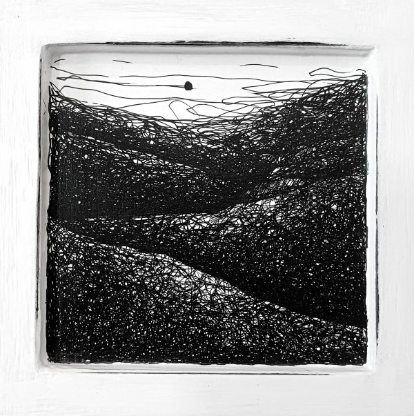 Fractus 71, 2025, Ink application on wood panel, 12 x 12 cm.