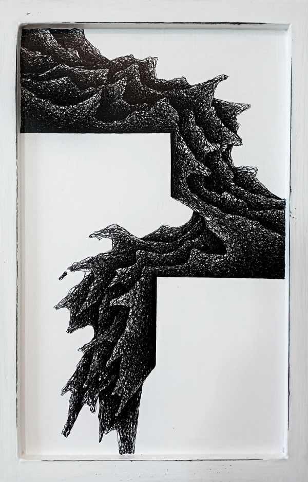 Fractus 79, 2025, Ink application on wood panel, 30 x 20 cm.