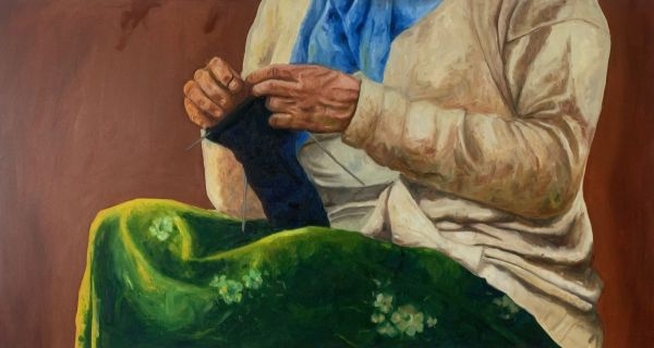 My Mother's Stitches, 2025, Oil on canvas, 130 x 70 cm.