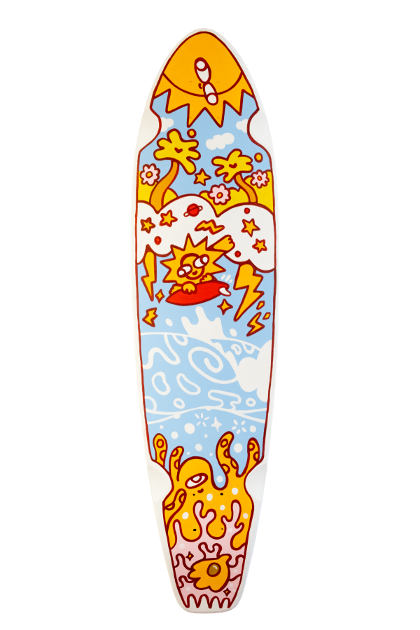 ZBAM, 2026, Acrylics and marker on surfboard, 90x22
